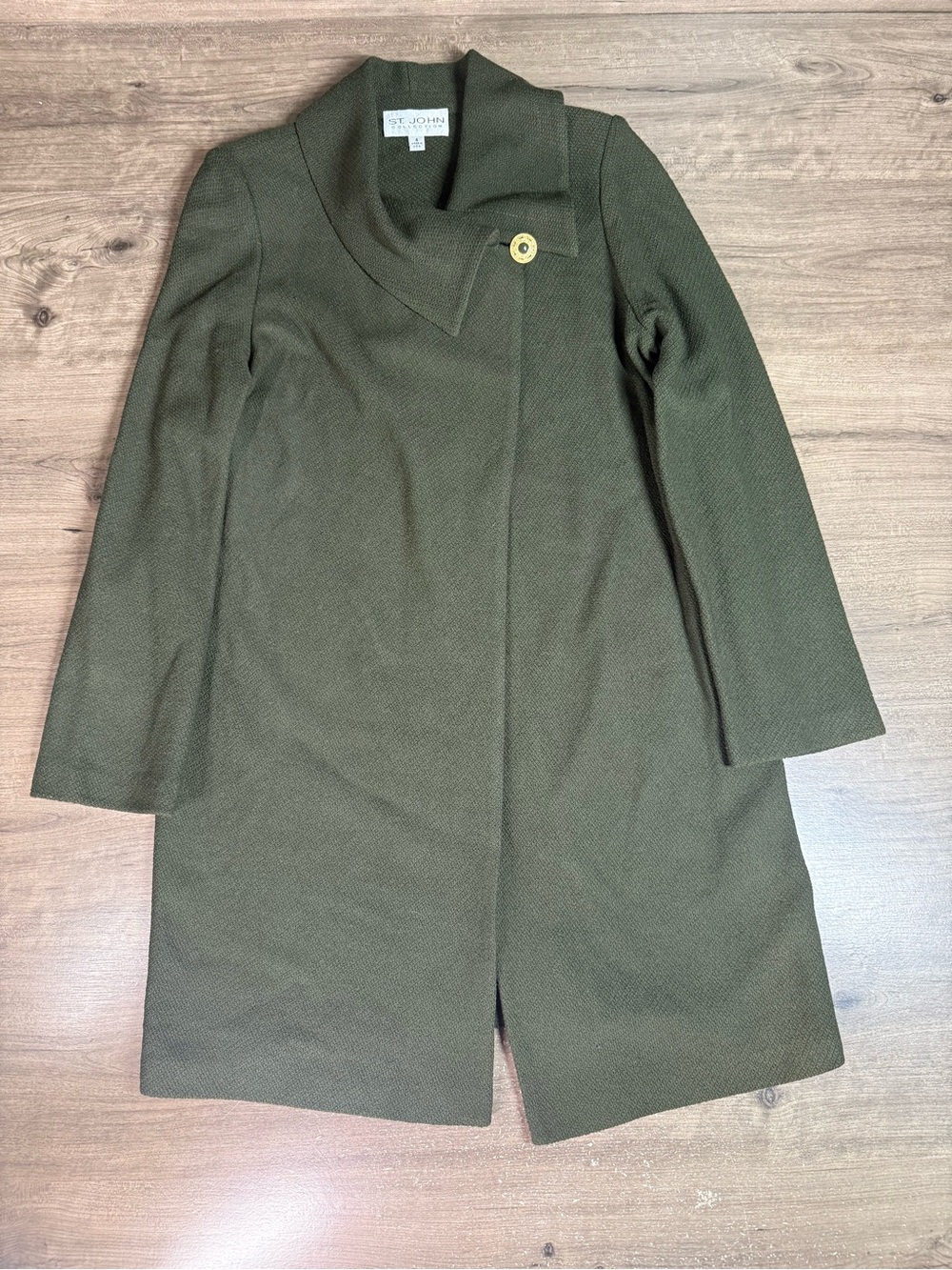 St John Collection Womens 4 Olive Green Long Knit Coat Jacket Gold Button USA